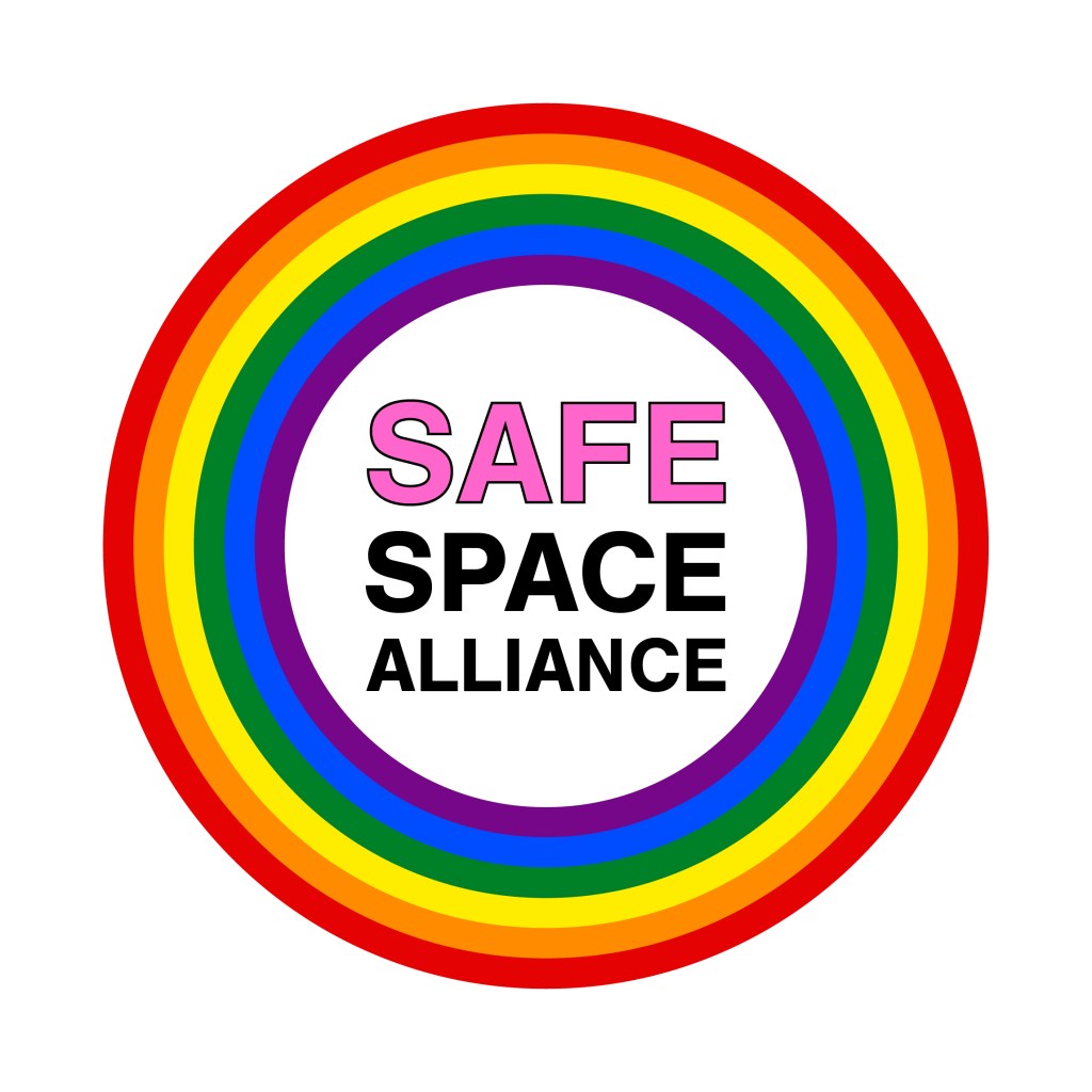 the words 'safe space alliance' surrounded by a rainbow circle